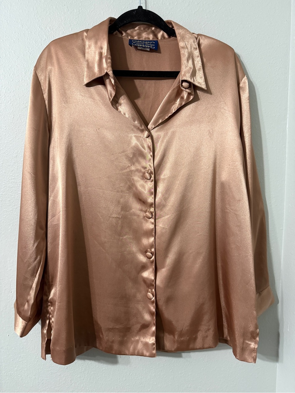 Vintage Willow Ridge 14P Satin Silky Like Button Up Blouse Metallic Shiny Copper